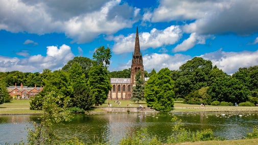 The view across the lake towards the Chapel on a sunny day